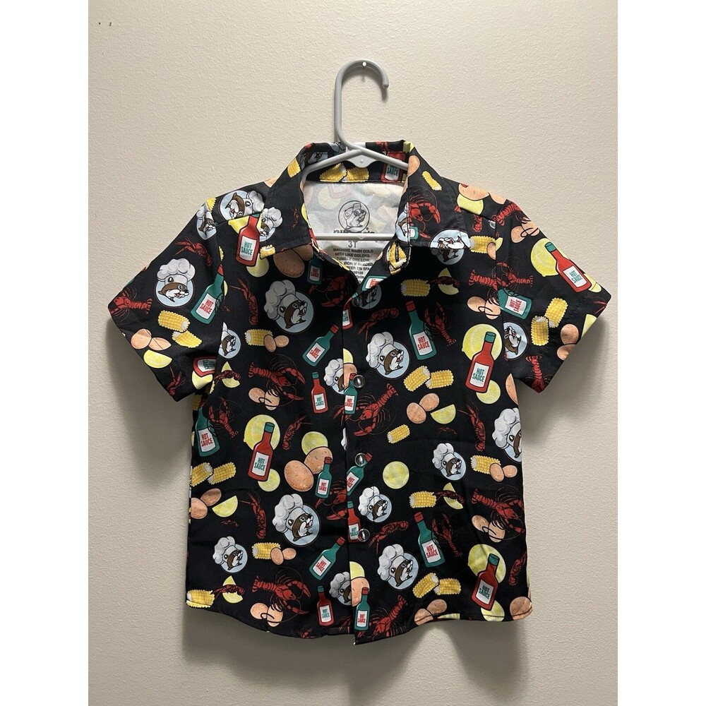 Buc-ees Button Up Shirt Size 3T Toddler Seafood Clambake Corn Hot Sauce Potatoes